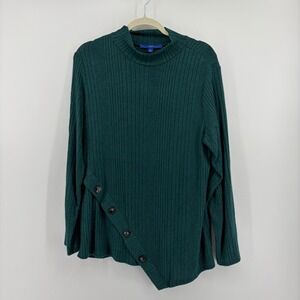 Apt 9 Womens XL Green Ribbed Mock Neck Asymmetrical Button Sweater Top